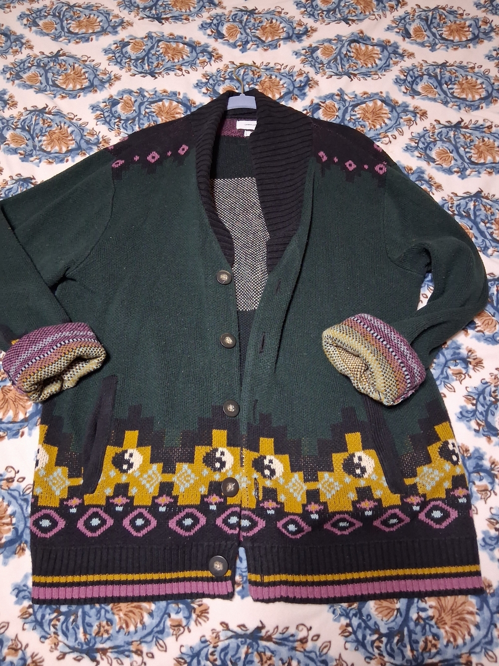 Urban Outfitters Dark Green Multicolor Patterned Cardigan